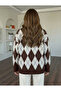 Women's Brown Diamond Patterned Crew Neck Oversized Soft Textured Knitwear Sweater - 2