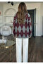 Women's Gray Burgundy Argyle Patterned Crew Neck Oversized Soft Textured Knitwear Sweater - 4