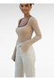 U Neck Garni Detail Spanish Sleeve Light Brown Color Women's Blouse - K Ribbed Knit Fabric - 5