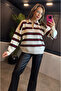 Ecru-Burgundy Striped Polo Neck Sweater