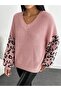 Women's Leopard Sleeve Detail V-Neck Knitwear Sweater - 3