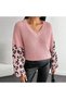 Women's Leopard Sleeve Detail V-Neck Knitwear Sweater - 2