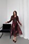 women burgundy belted pleated double-breasted neck chiffon dress NBELB03 - 2