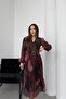 women burgundy belted pleated double-breasted neck chiffon dress NBELB03 - 4
