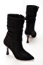 Zri̇n-024 Premium Black Suede High Thin Heeled Bellows Zippered Women's Boots - 3
