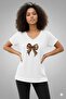 Women's V-Neck Leather-Look Bow Printed T-Shirt Loose Oversized