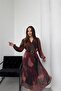 women burgundy belted pleated double-breasted neck chiffon dress NBELB03 - 5