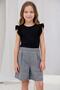 Girl's Crew Neck Blouse with Loose Sleeves and Ruffle Detail, Square Patterned Corded Fabric Shorts Set