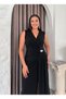 Women's Plus Size Double-Breasted Collar Waist Draped Brooch Slit Detail Evening Dress 25039 Black - 7