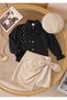 Girl's Beret Leather 3-Piece Set - Pearl and Stone Detailed Bowknot Shirt - Bowknot Suede and Leather Skirt - 2