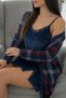 Navy Blue Plaid Exclusive Velvet Robe Nightgown Women's Pajama Set - 2