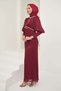Burgundy Pleated Front Stone Embellished Evening Dress - 4
