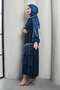 Navy Blue Ruffle Detail Organza Stone Embroidered Evening Dress - 3