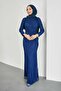 Navy Blue Gathered Front Lace Evening Dress - 2