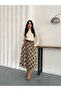 Women's Beige Belt Detailed Plaid Skirt with Pockets - 4
