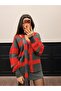 Women's Red Scarf Striped V-Neck Cardigan - 6