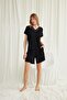 Women, Short Sleeve Lace V-Neck with Shorts, Black Pajama Set - 4