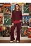 Women's Burgundy Side Tie Striped Shirt Detailed Sports Set Nj45 - 2