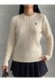Women's Crew Neck Embroidery Detailed Hair Knit Sweater - 8