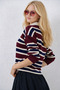 Burgundy Striped Polo Neck Buttoned Women's Knitwear Sweater - 2