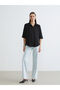 Black Shirt Collar Satin Blouse (S6) - 2