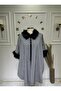Houndstooth Patterned Women's Poncho with Fur Detail on the Collar and Sleeves