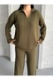 Women's Polo Neck Corded Fabric Bottom-Top Knitwear Set - 7