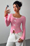 Bow Long Sleeve Colorful Bow Slit Pink Crop Blouse - 3