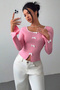 Bow Long Sleeve Colorful Bow Slit Pink Crop Blouse - 2