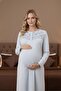Women's Blue Shawl Collar Long Sleeve Floral Button Detail Plus Size Maternity Nightgown Set - 6