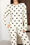 Women's White Polka Dot Soft Textured Flowy Winter Thermal Comfortable Fit Long Sleeve Pajama Set - 2