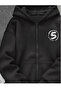 Unisex- Black Five Special Printed Winter Oversized Hooded Zippered Pocket Detailed Cardigan - 2