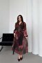 Women's burgundy pleated double-breasted collared belted chiffon dress DPELB03
