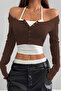 Twist Women's Fit Long Sleeve Buttoned 2-Piece Coffee Crop Blouse - 3