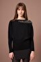 Women's Stone Embroidered Bat Sleeve Sweater Black 25017 - 4