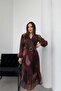 Women's burgundy pleated double-breasted collared belted chiffon dress DPELB03 - 4
