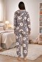 Women's Patterned Hooded Gray Fleece Pajama Set - 3