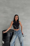 Vintage Mock Neck Zippered Piped Black Zero Sleeve Crop T-Shirt - 4
