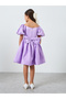 Girls Purple Satin Puff Sleeve Faux Pearls Detail Dress - 4