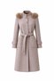 Gingham Textured Detachable Fur Hooded Belted Cashmere Coat