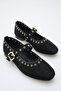 Women's Single Strap Studded Casual Ballet Flats Black Suede