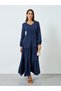Women Navy Blue Textured Pleated Detail Maxi Dress