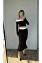 Women's Madonna Collar Long Sleeve Crop Blouse and Slit Midi Skirt Bottom-Top Set Black