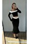 Women's Madonna Collar Long Sleeve Crop Blouse and Slit Midi Skirt Bottom-Top Set Black - 3