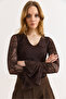 Women's Brown Lined V-Neck Spanish Sleeve Blouse Blz-19003202 - 4