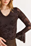 Women's Brown Lined V-Neck Spanish Sleeve Blouse Blz-19003202 - 5