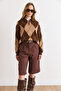 Women's Brown Pocketed Belted Pleated Bermuda Shorts Shrt-19000084 - 6
