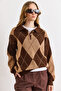 Women's Brown Polo Neck Diamond Pattern Knit Sweater Kzk-19001127 - 2