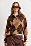 Women's Brown Polo Neck Diamond Pattern Knit Sweater Kzk-19001127 - 6