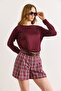 Women's Burgundy Button Detailed Plaid Shorts Shrt-19000083 - 5